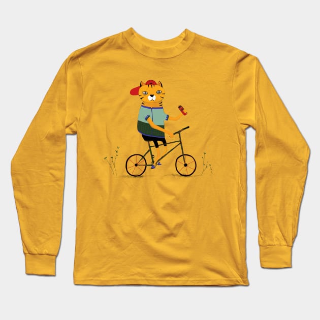 cat on bike Long Sleeve T-Shirt by sezindarendeillustrations